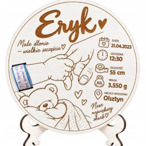 METRYCZKA URODZENIA DZIECKA NA OPASKĘ SZPITALNĄ PREZENT NA CHRZEST IMIE