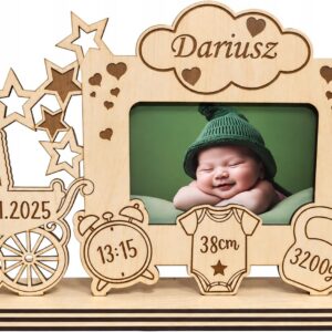 METRYCZKA RAMKA NA MAGNES ZDJĘCIE PREZENT NARODZINY DZIECKA CHRZEST GRAWER