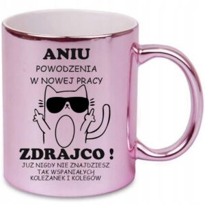 RÓŻOWY KUBEK POŻEGNALNY PREZENT NA ODEJŚCIE KOLEŻANKI Z PRACY ZDRAJCO KOT
