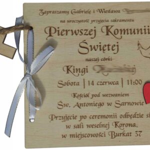 DREWNIANE ZAPROSZENIE NA PIERWSZĄ KOMUNIĘ ŚWIĘTĄ GRAWER KRZYŻYK PREZENT