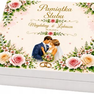 PAMIĄTKA PREZENT NA ŚLUB DREWNIANA SKRZYNKA PUDEŁKO NA PIENIĄDZE I ŻYCZENIA